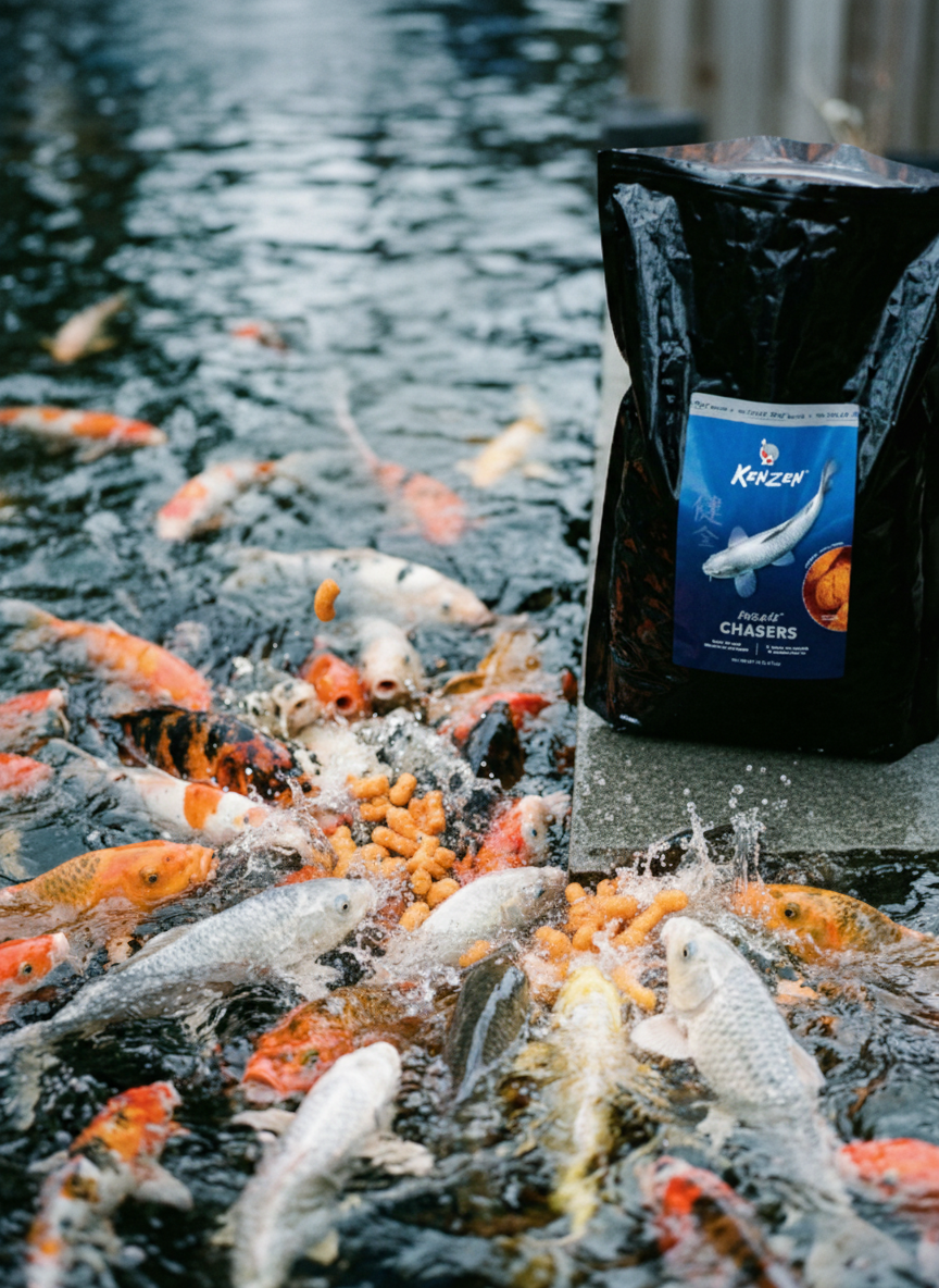 Koi Fish eagerly chasing KoiCane Chasers Treats in a pond